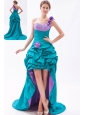 Teal and Lavender A-line One Shoulder Prom Dress High-low Taffeta Beading and Handle-Made Flower