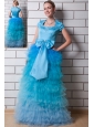 Aqua Blue Column Square Prom Dress Organza and Taffeta Beading Floor-length