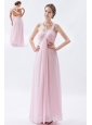 Baby Pink Empire One Shoulder Prom Dress Chiffon Beading Floor-length