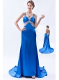 Royal Blue Column / Shearth Straps Prom Dress Taffeta Beading Brush Train