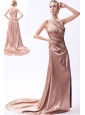 Brown Column One Shoulder Prom Dress Taffeta Beading Court Train