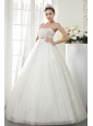 Modest A-line / Princess Strapless Floor-length Tulle Beading Wedding Dress