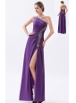 Purple Column / Sheath One Shoulder Prom Dress Chiffon Beading Floor-length