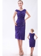 Purple Column V-neck Prom Dress Chiffon Beading Knee-length