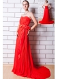 Red Column Strapless Prom Dress Chiffon Pleat Brush Train