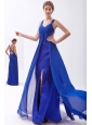 Royal Blue Empire Straps Prom Dress Chiffon Beading Floor-length
