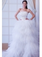 Romantic A-line Strapless Brush Train Tulle Beading Wedding Dress