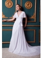 White Empire V-neck Court Train Chiffon Appliques Prom Dress