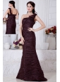Burgundy Mermaid One Shoulder Prom / Evening Dress Hand Made Flowers Brush Train Special Fabric