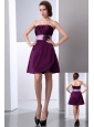 Dark Purple A-line Strapless Cocktail Dress Hand Made Flower and Ruch Mini-length Satin