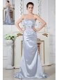 Lilac Evening Dress Column Strapless Beading and Ruch Brush Train Satin