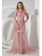 Light Pink Column Straps Celebrity Dress Tulle Beading Brush Train