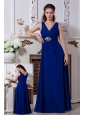 Royal Blue Empire V-neck Beading Bridesmaid Dress Floor-length Chiffon