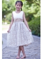 White and Champagne A-line Scoop Flower Girl Dress Tea-length Taffeta and Lace
