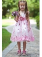 White and Pink A-line Scoop Flower Girl Dress Tea-length Taffeta and Organza Hand Made Flowers
