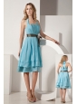 Aqua Blue A-line Halter Knee-length Bridesmaid Dress Taffeta Ruch and Bow