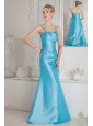Aqua Blue Column Straps Beading and Ruch Bridesmaid Dress Floor-length Satin
