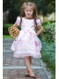 Baby Pink A-line Scoop Flower Girl Dress Taffeta and Lace Bow Tea-length
