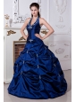 Royal Blue A-line / Princess Halter Sweet 16 Dress Taffeta Embriodery Floor-length