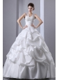 Elegant A-line V-neck Ruch and Appliques Pick-ups Wedding Dress Floor-length Taffeta