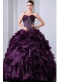 Dark Purple A-Line / Princess Brush Train Sweetheart Beading and Ruffles Quinceanea Dress Organza