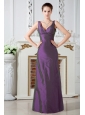 Purple Column V-neck Ruch Mother Of The Bride Dress Floor-length Taffeta