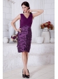 Eggplant Purple Column V-neck Ruch Mother Of The Bride Dress Knee-length Taffeta