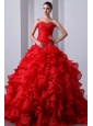 Red A-Line / Princess Sweetheart Beading and Ruffles Quinceanea Dress Brush Train Organza