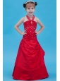 Red A-line Halter Flower Girl Dress Taffeta Beading Floor-length