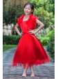 Red A-line Square Ankle-length Flower Girl Dress Satin and Tulle