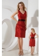 Red Column V-neck Bridesmaid Dress Mini-length Taffeta Sash