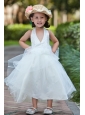 White A-line Halter Ankle-length Flower Girl Dress Taffeta and Tulle Beading and Hand Made Flowers