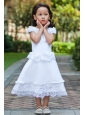 White A-line Scoop Ankle-length Flower Girl Dress Taffeta and Lace