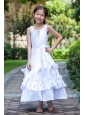 White A-line Scoop Ankle-length Flower Girl Dress Taffeta Hand Made Flowers