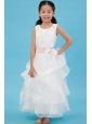 White A-line Scoop Flower Girl Dress Ankle-length Organza Sash