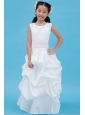 White A-line Scoop Flower Girl Dress Taffeta Belt Floor-length