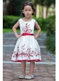 White and Red Flower Girl Dress A-line Scoop Taffeta Embroidery Tea-length