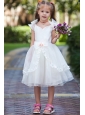 White Ball Gown V-neck Flower Girl Dress Tea-length Taffeta Organza Hand Made Flowers