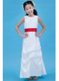 White Column Scoop Flower Girl Dress Ankle-length Taffeta Belt
