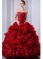 Wine Red A-Line / Princess Sweetheart Beading and Ruffles Quinceanea Dress Floor-length Organza