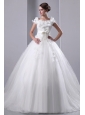 Beautiful A-line Scoop Appliques and Hand Made Flowers Wedding Dress Cathedral Train Taffeta and Tulle