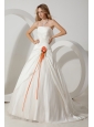 Beautiful A-line Strapless Wedding Dress Hand Made Flower Brush Train Taffeta