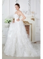Discount A-line Sweetheart Ruch and Beading Feather Wedding Dress Chapel Train Satin