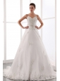Gorgeous Wedding Dress A-line Spaghetti Straps Beading Court Train Satin and Lace