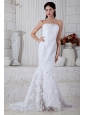 Perfect Mermaid Strapless Special Fabric Wedding Dress Brush Train