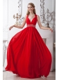 Red V-neck Corset Back Chiffon Prom / Homecoming Dress with Beading