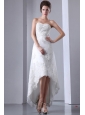 Sexy Column Strapless Short Wedding Dress High-low Elastic Wove Satin and Lace