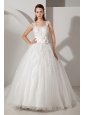 Sweet A-line Straps Wedding Dress Appliques Court Train Tulle and Taffeta