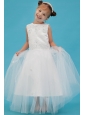 White A-line Scoop Flower Girl Dress Tulle Appliques Floor-length