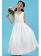 White A-line V-neck Flower Girl Dress Ankle-length Satin Appliques